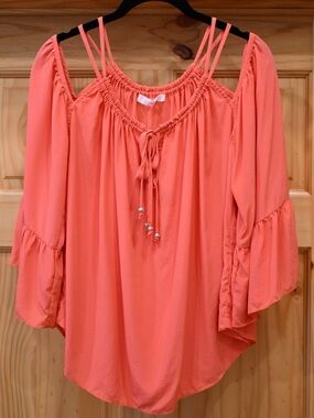 Alice & Trixie 100% Silk Coral/Pink Off-Shoulder Flowy Top w/ Sleeves & Straps S